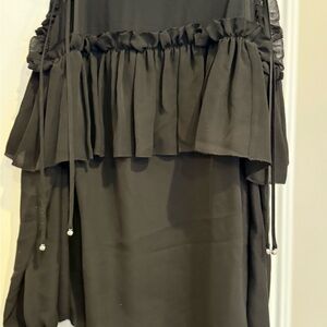 Black Midi Bubble Skirt with Ruffled and Ruched Details for Casual Wear